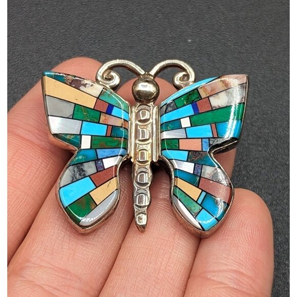 Melvin Cleveland Navajo Stone Inlay Butterfly Sterling Silver Brooch Pin Pendant - Picture 3 of 12